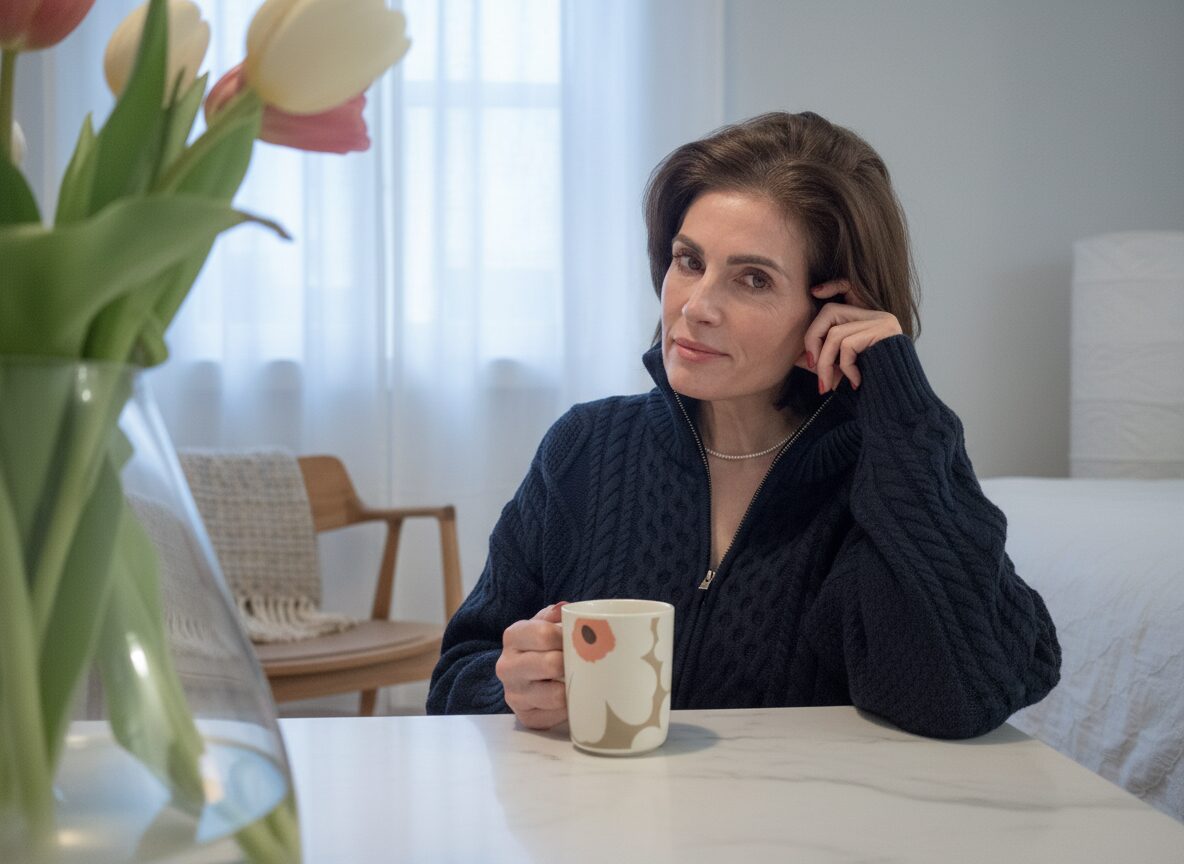 Woman in navy cable-knit sweater holding a Marimekko mug in soft morning light with tulips — the art of a slow morning ritual