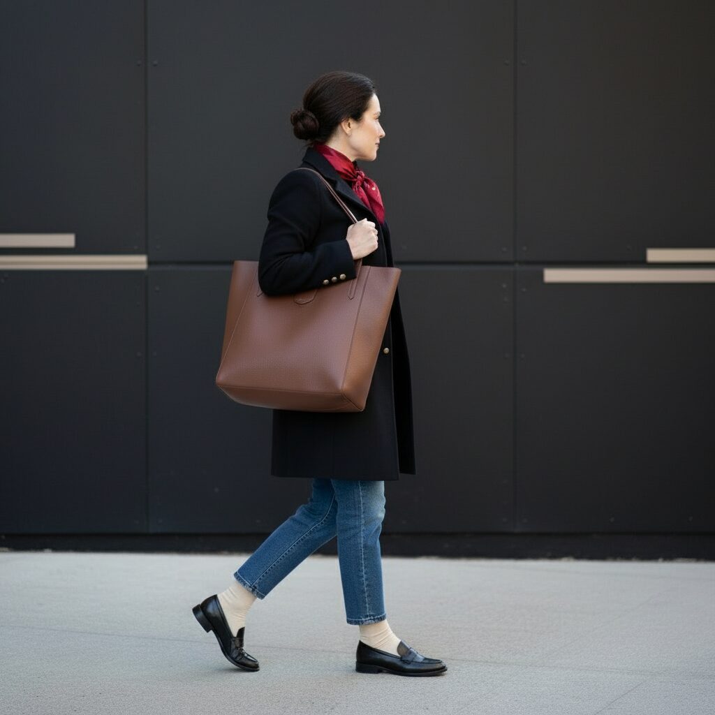 justmidlife in a navy wool coat and black loafers on a city street, luxury fashion and lifestyle