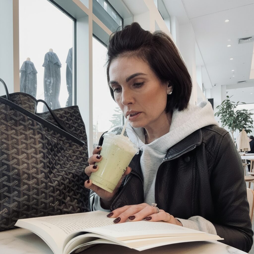 Woman sipping iced matcha while reading at a chic café with Goyard tote — curated midlife lifestyle moment