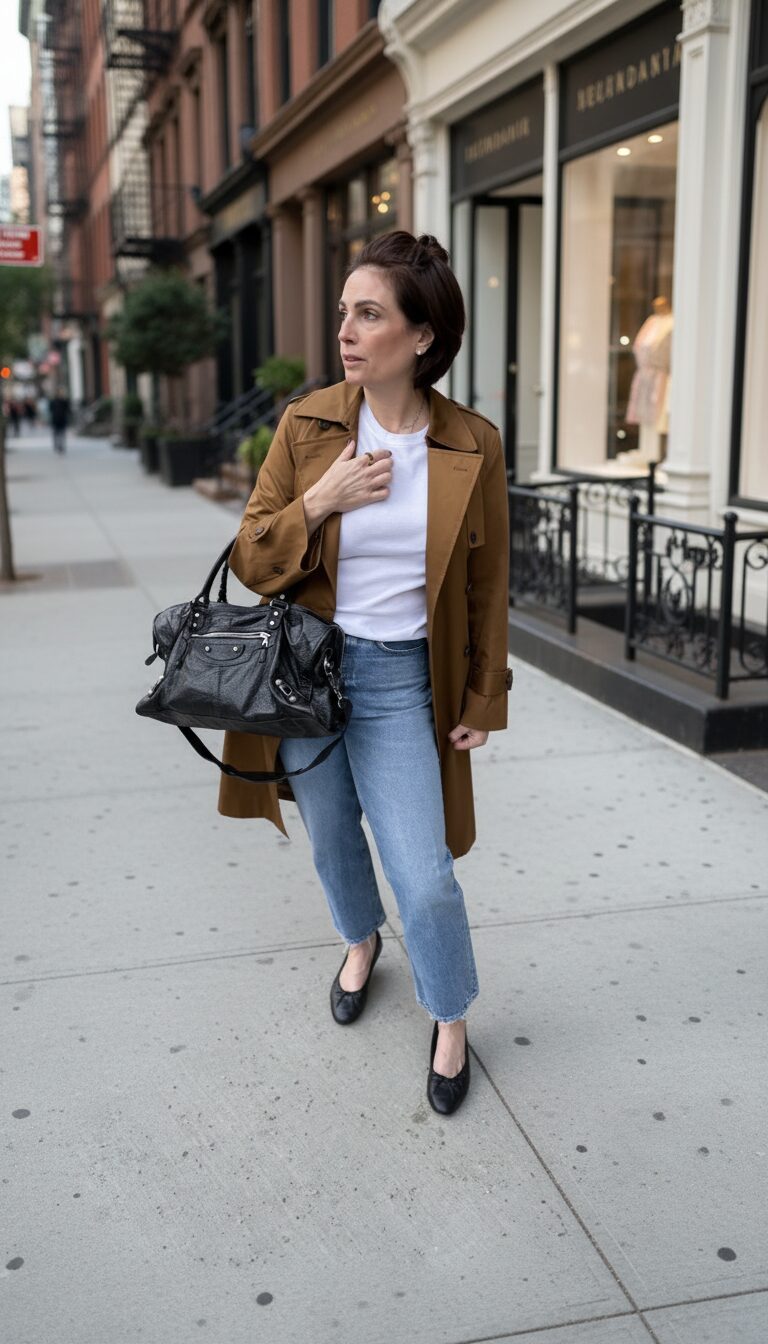 Woman in camel trench coat, white tee, and straight-leg jeans with black Balenciaga bag on a New York street — effortless midlife spring style