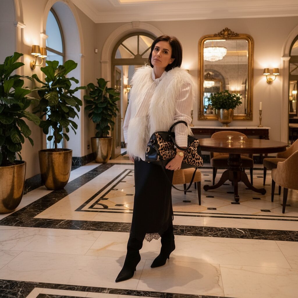Woman in white fur vest, pinstripe shirt, and black satin skirt with leopard print bag in a luxury hotel setting — bold midlife editorial style