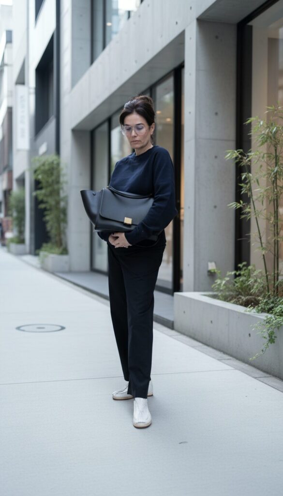 Woman in all-black ensemble with structured leather bag and white sneakers on a Vancouver street — minimalist midlife luxury style