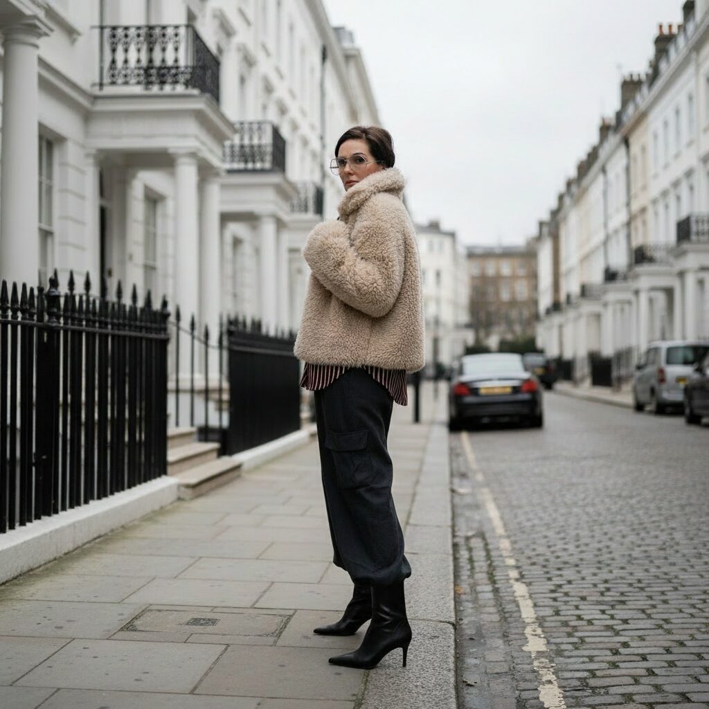 Woman in cream shearling jacket, black wide-leg trousers, and pointed-toe boots on a London street — elevated midlife winter style